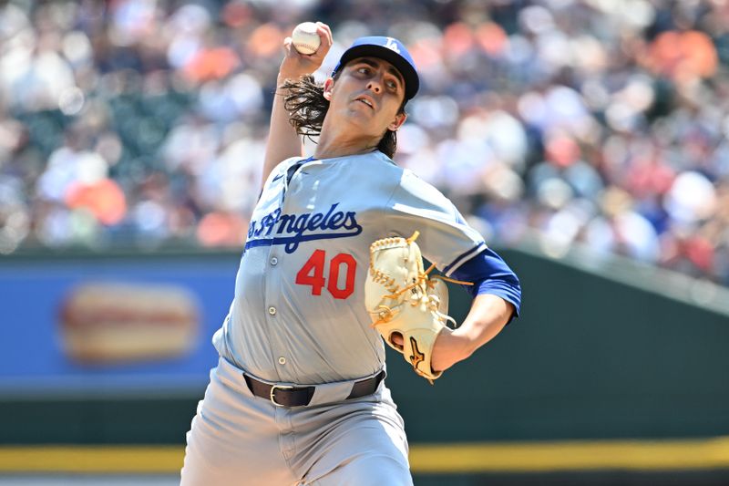 Jul 14, 2024; Detroit, Michigan, USA;  Los Angeles Dodgers starting pitcher Brent Honeywell (40) throws a pitch against the Detroit Tigers in the second inning at Comerica Park. Mandatory Credit: Lon Horwedel-USA TODAY Sports