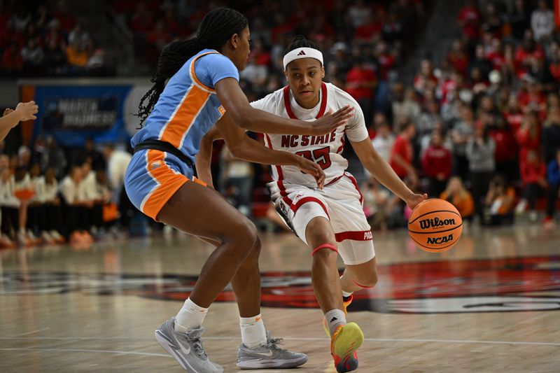 Mar 25, 2024; Raleigh, North Carolina, USA; NC State Wolfpack guard Zoe Brooks (35) drives in the second round of the 2024 NCAA Women's Tournament at James T. Valvano Arena at William Neal Reynolds. Mandatory Credit: William Howard-USA TODAY Sports