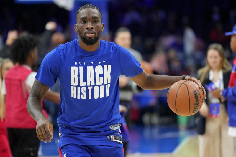 PHILADELPHIA, PA - FEBRUARY 1: Shake Milton #18 of the Philadelphia 76ers warms up before the game against the Orlando Magic on February 1, 2023 at the Wells Fargo Center in Philadelphia, Pennsylvania NOTE TO USER: User expressly acknowledges and agrees that, by downloading and/or using this Photograph, user is consenting to the terms and conditions of the Getty Images License Agreement. Mandatory Copyright Notice: Copyright 2023 NBAE (Photo by Jesse D. Garrabrant/NBAE via Getty Images)