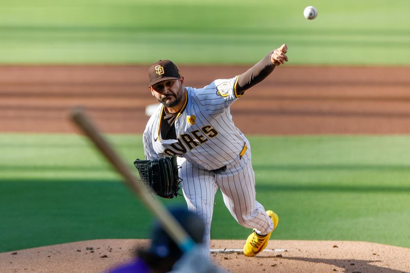 Aug 3, 2024; San Diego, California, USA; San Diego Padres starting pitcher Martin Perez (54) throws against the Colorado Rockies during the first inning at Petco Park. Mandatory Credit: David Frerker-USA TODAY Sports