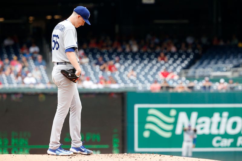 Sep 10, 2023; Washington, District of Columbia, USA; Los Angeles Dodgers starting pitcher Ryan Yarbrough (56) prepares to throw the ball in the first inning against the Washington Nationals at Nationals Park. Mandatory Credit: Amber Searls-USA TODAY Sports