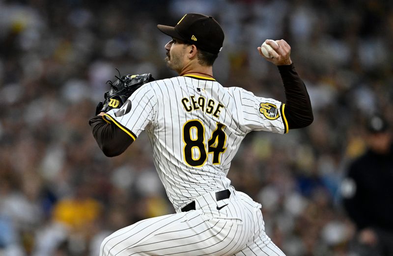 Oct 9, 2024; San Diego, California, USA; San Diego Padres pitcher Dylan Cease (84) throws in the first inning against the Los Angeles Dodgers during game four of the NLDS for the 2024 MLB Playoffs at Petco Park.  Mandatory Credit: Denis Poroy-Imagn Images