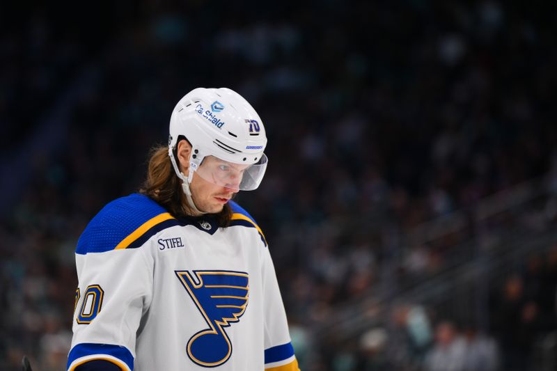 Jan 26, 2024; Seattle, Washington, USA; St. Louis Blues center Oskar Sundqvist (70) during the third against the Seattle Kraken period at Climate Pledge Arena. Mandatory Credit: Steven Bisig-USA TODAY Sports