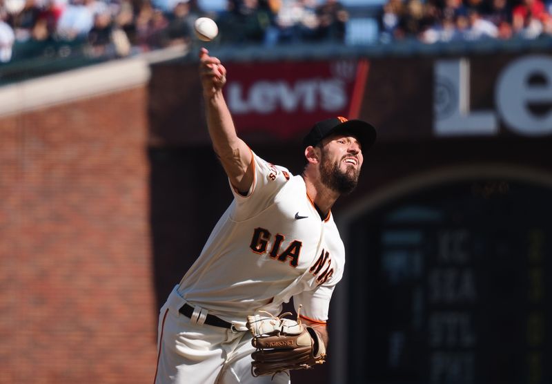 Aug 27, 2023; San Francisco, California, USA; San Francisco Giants starting pitcher Tristan Beck (43) pitches the ball against the Atlanta Braves during the first inning at Oracle Park. Mandatory Credit: Kelley L Cox-USA TODAY Sports