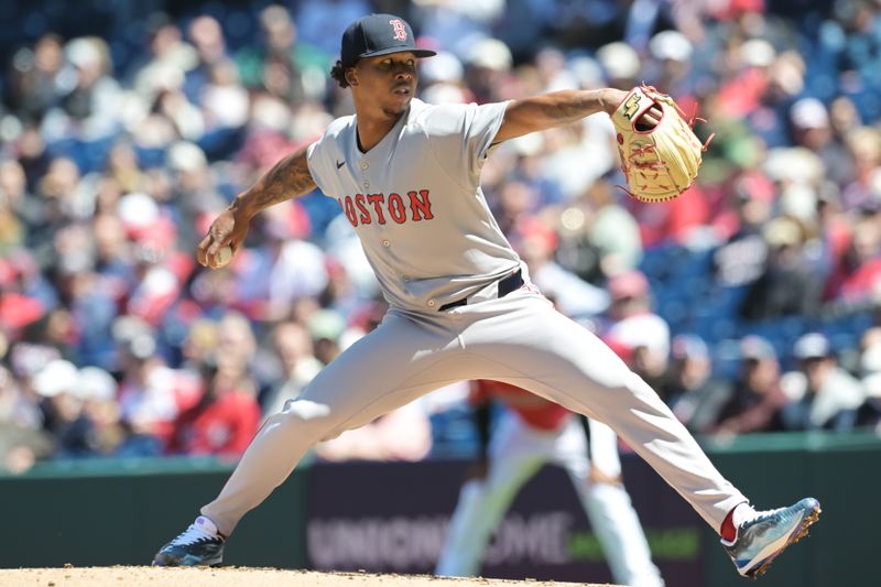 Apr 27, 2025; Cleveland, Ohio, USA; Boston Red Sox starting pitcher Brayan Bello (66) throws a pitch during the first inning against the Cleveland Guardians at Progressive Field. Mandatory Credit: Ken Blaze-Imagn Images