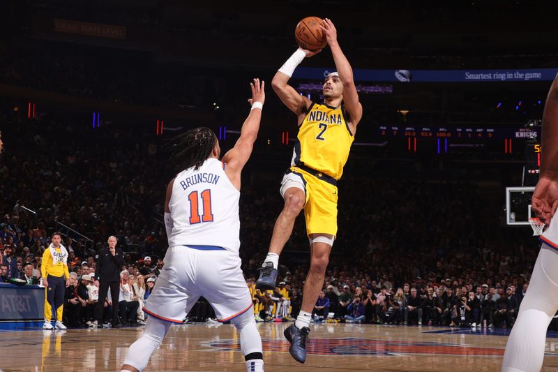 NEW YORK, NY - MAY 29:  Andrew Nembhard #2 of the Indiana Pacers shoots the ball during the game against the New York Knicks during Game 5 of the 2025 Eastern Conference Finals on May 29, 2025 at Madison Square Garden in New York City, New York.  NOTE TO USER: User expressly acknowledges and agrees that, by downloading and or using this photograph, User is consenting to the terms and conditions of the Getty Images License Agreement. Mandatory Copyright Notice: Copyright 2025 NBAE  (Photo by Nathaniel S. Butler/NBAE via Getty Images)