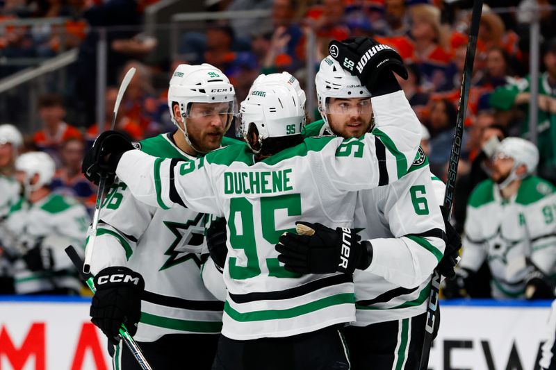 May 25, 2025; Edmonton, Alberta, CAN; Dallas Stars right wing Mikko Rantanen (96) and center Matt Duchene (95) and defenseman Lian Bichsel (6) celebrates a goal scored by Bichsel against the Edmonton Oilers during the second period in game three of the Western Conference Final of the 2025 Stanley Cup Playoffs at Rogers Place. Mandatory Credit: Perry Nelson-Imagn Images