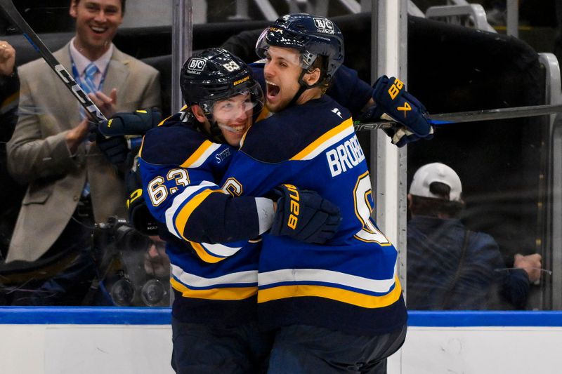 Oct 17, 2024; St. Louis, Missouri, USA;  St. Louis Blues left wing Jake Neighbours (63) celebrates with defenseman Philip Broberg (6) after scoring the game winning goal against New York Islanders goaltender Ilya Sorokin (not pictured) in overtime at Enterprise Center. Mandatory Credit: Jeff Curry-Imagn Images