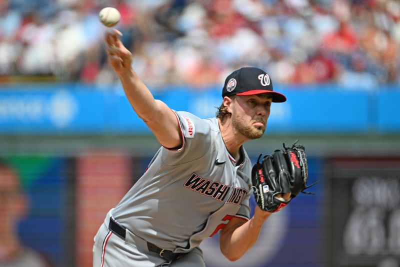 Aug 24, 2025; Philadelphia, Pennsylvania, USA; Washington Nationals pitcher Jake Irvin (27) throws a pitch during the second inning against the Philadelphia Phillies at Citizens Bank Park. Mandatory Credit: Eric Hartline-Imagn Images