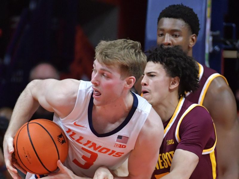 Feb 28, 2024; Champaign, Illinois, USA;  Minnesota Golden Gophers guard Mike Mitchell Jr. (2) pressures Illinois Fighting Illini guard Marcus Domask (3) with the ball during the second half at State Farm Center. Mandatory Credit: Ron Johnson-USA TODAY Sports