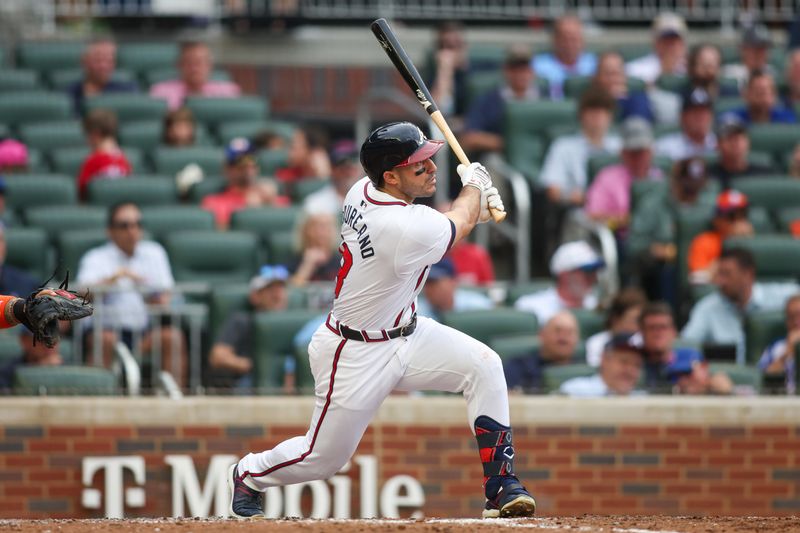 Sep 30, 2024; Atlanta, Georgia, USA; Atlanta Braves left fielder Ramon Laureano (18) hits a home run against the New York Mets in the sixth inning at Truist Park. Mandatory Credit: Brett Davis-Imagn Images
