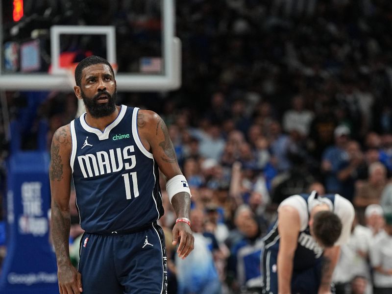 DALLAS, TX - APRIL 28: Kyrie Irving #11 of the Dallas Mavericks looks on during the game against the LA Clippers during Round 1 Game 4 of the 2024NBA Playoffs on April 28, 2024 at the American Airlines Center in Dallas, Texas. NOTE TO USER: User expressly acknowledges and agrees that, by downloading and or using this photograph, User is consenting to the terms and conditions of the Getty Images License Agreement. Mandatory Copyright Notice: Copyright 2024 NBAE (Photo by Glenn James/NBAE via Getty Images)