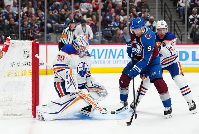 Apr 18, 2024; Denver, Colorado, USA; Colorado Avalanche left wing Zach Parise (9) shoots and scores on Edmonton Oilers goaltender Calvin Pickard (30) as defenseman Brett Kulak (27) defends in the second period at Ball Arena. Mandatory Credit: Ron Chenoy-USA TODAY Sports