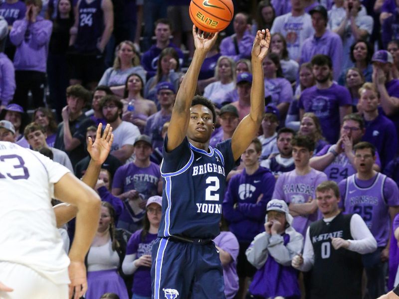 Feb 24, 2024; Manhattan, Kansas, USA; Brigham Young Cougars guard Jaxson Robinson (2) shoots during the second half against the Kansas State Wildcats at Bramlage Coliseum. Mandatory Credit: Scott Sewell-USA TODAY Sports