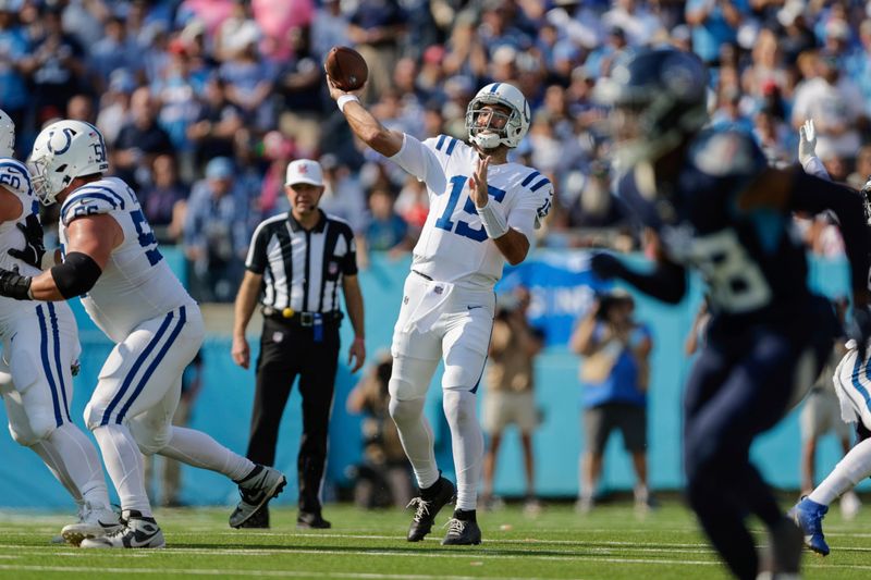 Indianapolis Colts quarterback Joe Flacco (15) throws the ball during the second half of an NFL football game against the Tennessee Titans, Sunday, Oct. 13, 2024, in Nashville, Tenn. (AP Photo/Stew Milne)