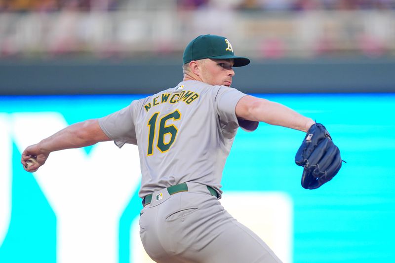 Jun 13, 2024; Minneapolis, Minnesota, USA; Oakland Athletics pitcher Sean Newcomb (16) pitches against the Minnesota Twins in the seventh inning at Target Field. Mandatory Credit: Brad Rempel-USA TODAY Sports