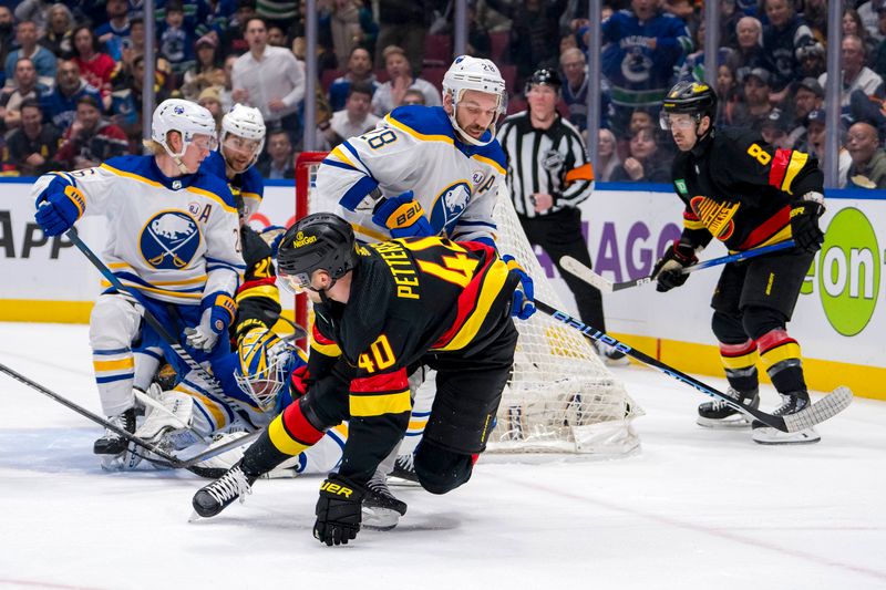 Mar 19, 2024; Vancouver, British Columbia, CAN; Buffalo Sabres forward Zemgus Girgensons (28) checks Vancouver Canucks forward Elias Pettersson (40) in the first period at Rogers Arena. Mandatory Credit: Bob Frid-USA TODAY Sports