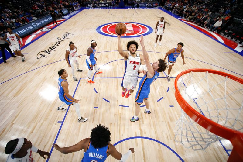 DETROIT, MI - OCTOBER 11: Cade Cunningham #2 of the Detroit Pistons shoots the ball during a preseason game against the Oklahoma City Thunder on October 11, 2022 at Little Caesars Arena in Detroit, Michigan. NOTE TO USER: User expressly acknowledges and agrees that, by downloading and/or using this photograph, User is consenting to the terms and conditions of the Getty Images License Agreement. Mandatory Copyright Notice: Copyright 2022 NBAE (Photo by Brian Sevald/NBAE via Getty Images)