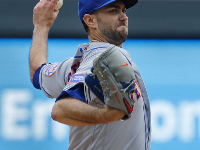 Sep 9, 2023; Minneapolis, Minnesota, USA; New York Mets starting pitcher David Peterson (23) throws to the Minnesota Twins in the first inning at Target Field. Mandatory Credit: Bruce Kluckhohn-USA TODAY Sports