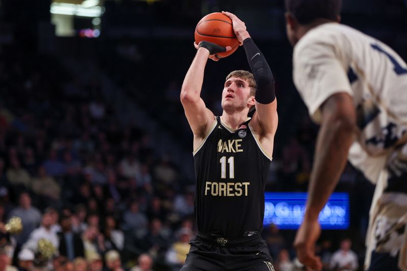 Feb 6, 2024; Atlanta, Georgia, USA; Wake Forest Demon Deacons forward Andrew Carr (11) shoots a free throw against the Georgia Tech Yellow Jackets in the first half at McCamish Pavilion. Mandatory Credit: Brett Davis-USA TODAY Sports