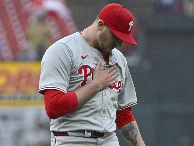 Apr 10, 2024; St. Louis, Missouri, USA;  Philadelphia Phillies relief pitcher Jeff Hoffman (23) reacts after the Phillies defeated the St. Louis Cardinals at Busch Stadium. Mandatory Credit: Jeff Curry-USA TODAY Sports