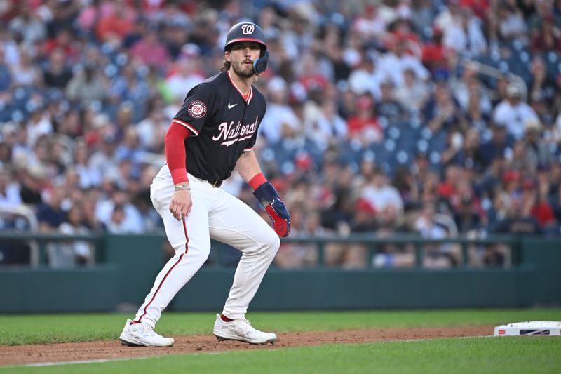 Aug 27, 2024; Washington, District of Columbia, USA; Washington Nationals center fielder Dylan Crews (3) looks to run home against the New York Yankees during the second inning at Nationals Park. Mandatory Credit: Rafael Suanes-USA TODAY Sports