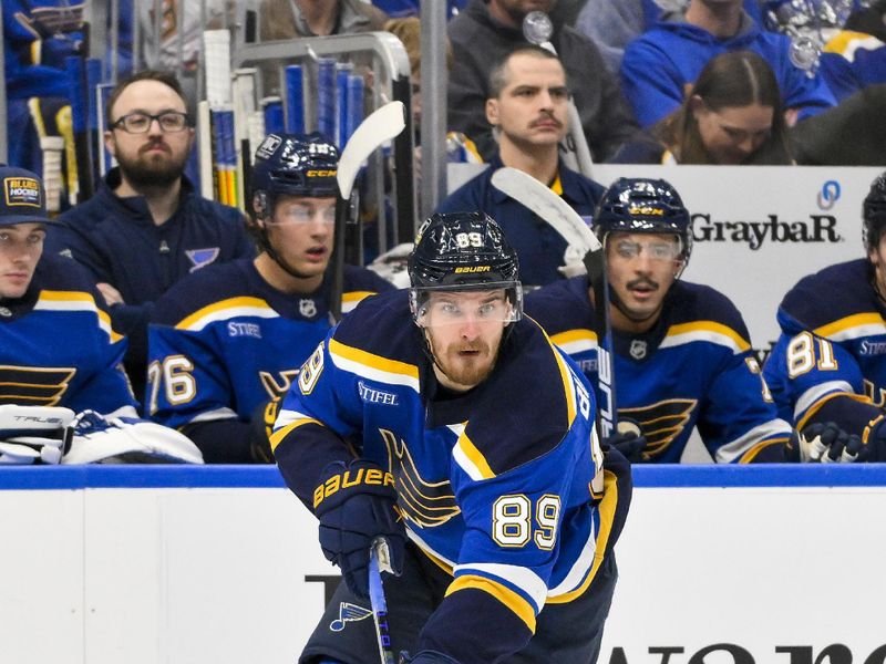 Nov 21, 2024; St. Louis, Missouri, USA;  St. Louis Blues left wing Pavel Buchnevich (89) controls the puck against the San Jose Sharks during the second period at Enterprise Center. Mandatory Credit: Jeff Curry-Imagn Images