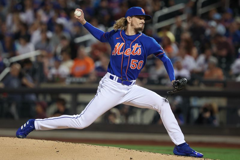 Aug 8, 2023; New York City, New York, USA; New York Mets relief pitcher Phil Bickford (50) delivers a pitch during the sixth inning against the Chicago Cubs at Citi Field. Mandatory Credit: Vincent Carchietta-USA TODAY Sports