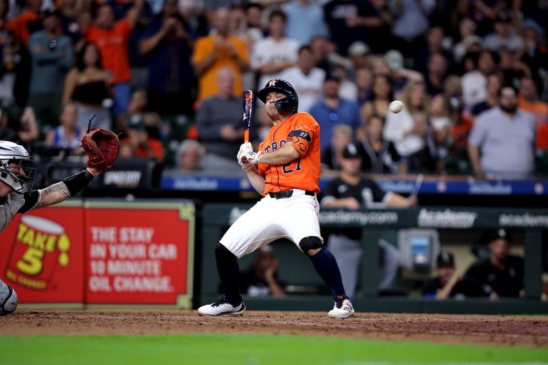 Aug 16, 2024; Houston, Texas, USA; Houston Astros second baseman Jose Altuve (27) reacts after an inside pitch against the Chicago White Sox during the ninth inning at Minute Maid Park. Mandatory Credit: Erik Williams-USA TODAY Sports