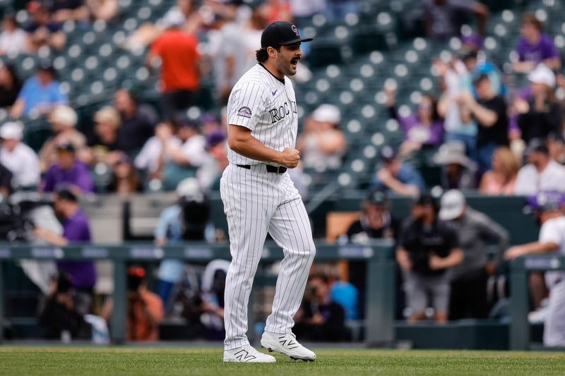 Apr 30, 2025; Denver, Colorado, USA; Colorado Rockies relief pitcher Zach Agnos (36) reacts after the game against the Atlanta Braves at Coors Field. Mandatory Credit: Isaiah J. Downing-Imagn Images