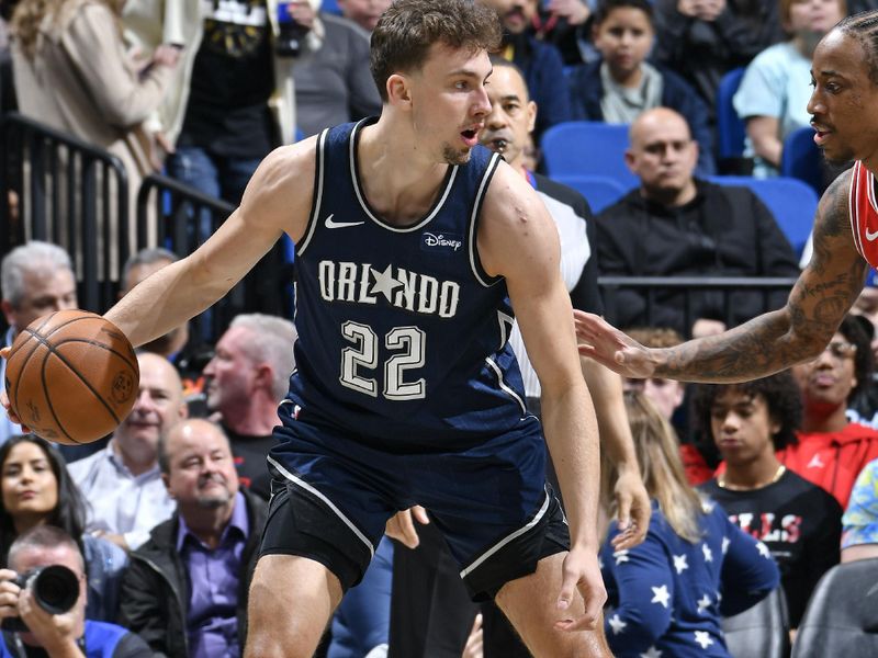 ORLANDO, FL - FEBRUARY 10: Franz Wagner #22 of the Orlando Magic dribbles the ball during the game against the Chicago Bulls on February 10, 2024 at the Kia Center in Orlando, Florida. NOTE TO USER: User expressly acknowledges and agrees that, by downloading and or using this photograph, User is consenting to the terms and conditions of the Getty Images License Agreement. Mandatory Copyright Notice: Copyright 2024 NBAE (Photo by Fernando Medina/NBAE via Getty Images)