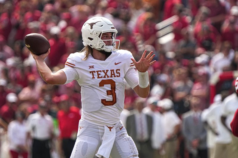 Oct 8, 2022; Dallas, Texas, USA: Texas Longhorns quarterback Quinn Ewers (3) throws a pass against the Oklahoma Sooners during the annual Red River Showdown at the Cotton Bowl. Mandatory Credit: Aaron E. Martinez/Austin American-Statesman- USA TODAY NETWORK