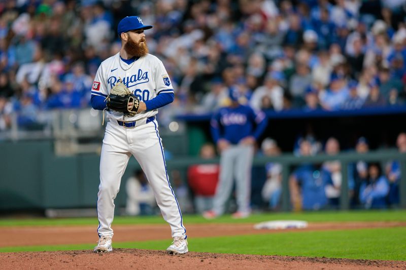 May 4, 2024; Kansas City, Missouri, USA; Kansas City Royals pitcher Colin Selby (60) pitches during the seventh inning against the Texas Rangers at Kauffman Stadium. Mandatory Credit: William Purnell-USA TODAY Sports