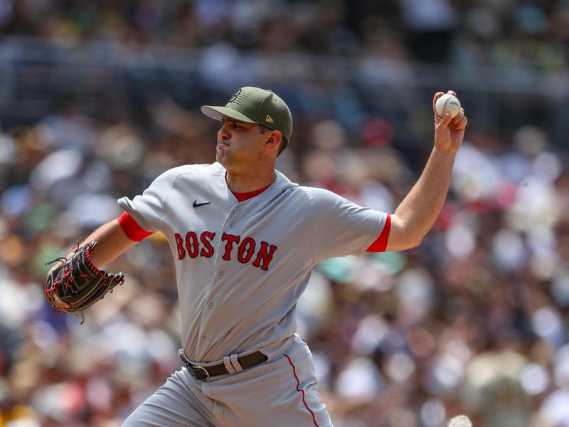 May 21, 2023; San Diego, California, USA; Boston Red Sox relief pitcher Richard Bleier (35) throws a pitch during the third inning against the San Diego Padres at Petco Park. Mandatory Credit: David Frerker-USA TODAY Sports