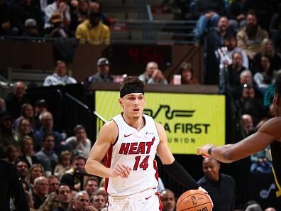 SALT LAKE CITY, UT - DECEMBER 30: Tyler Herro #14 of the Miami Heat dribbles the ball during the game against the Utah Jazz on December 30, 2023 at Delta Center in Salt Lake City, Utah. NOTE TO USER: User expressly acknowledges and agrees that, by downloading and or using this Photograph, User is consenting to the terms and conditions of the Getty Images License Agreement. Mandatory Copyright Notice: Copyright 2023 NBAE (Photo by Melissa Majchrzak/NBAE via Getty Images)