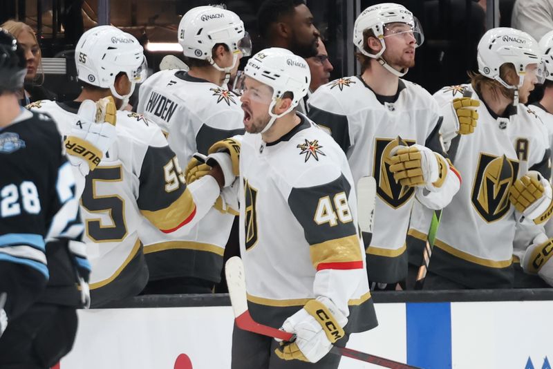 Nov 15, 2024; Salt Lake City, Utah, USA; Vegas Golden Knights center Tomas Hertl (center) celebrates scoring a goal against the Utah Hockey Club during the second period at Delta Center. Mandatory Credit: Rob Gray-Imagn Images