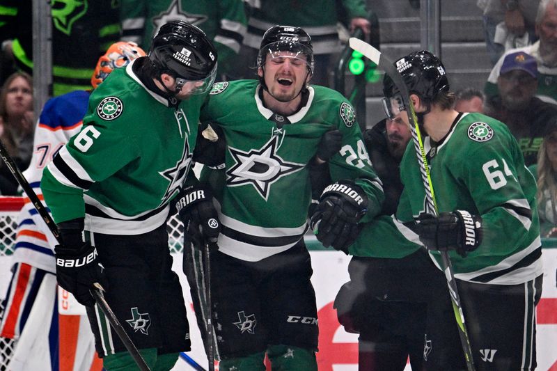 May 23, 2025; Dallas, Texas, USA; Dallas Stars center Roope Hintz (24) reacts after being injured against the Edmonton Oilers in the third period for game two of the Western Conference Final of the 2025 Stanley Cup Playoffs at American Airlines Center. Mandatory Credit: Jerome Miron-Imagn Images
