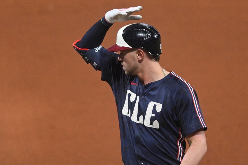 Sep 12, 2025; Cleveland, Ohio, USA; Cleveland Guardians pinch hitter Nolan Jones (22) celebrates his RBI single in the seventh inning against the Chicago White Sox at Progressive Field. Mandatory Credit: David Richard-Imagn Images