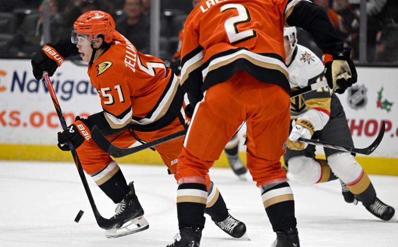 Dec 4, 2024; Anaheim, California, USA;  Anaheim Ducks defenseman Olen Zellweger (51) controls the puck against the Vegas Golden Knights during the first period at Honda Center. Mandatory Credit: Alex Gallardo-Imagn Images