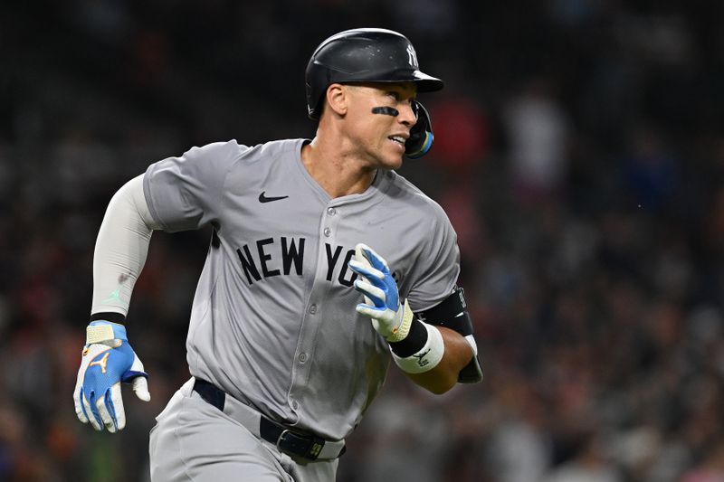 Aug 16, 2024; Detroit, Michigan, USA;  New York Yankees center fielder Aaron Judge (99) runs after hitting a solo home run against the Detroit Tigers in the eighth inning at Comerica Park. Mandatory Credit: Lon Horwedel-USA TODAY Sports