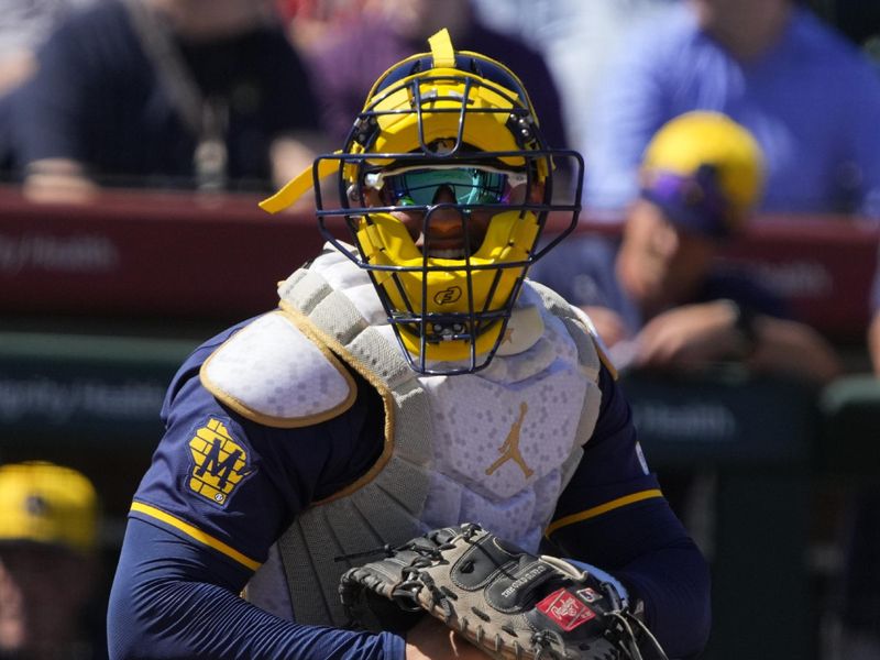 Mar 5, 2024; Scottsdale, Arizona, USA; Milwaukee Brewers catcher Willie Contreras (24) gets ready for a pitch against the San Francisco Giants in the first inning at Scottsdale Stadium. Mandatory Credit: Rick Scuteri-USA TODAY Sports