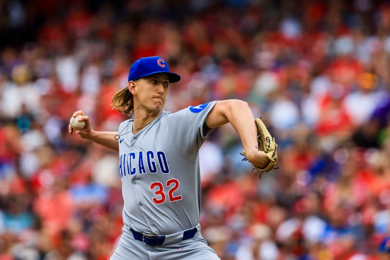May 25, 2025; Cincinnati, Ohio, USA; Chicago Cubs starting pitcher Ben Brown (32) pitches against the Cincinnati Reds in the first inning at Great American Ball Park. Mandatory Credit: Katie Stratman-Imagn Images