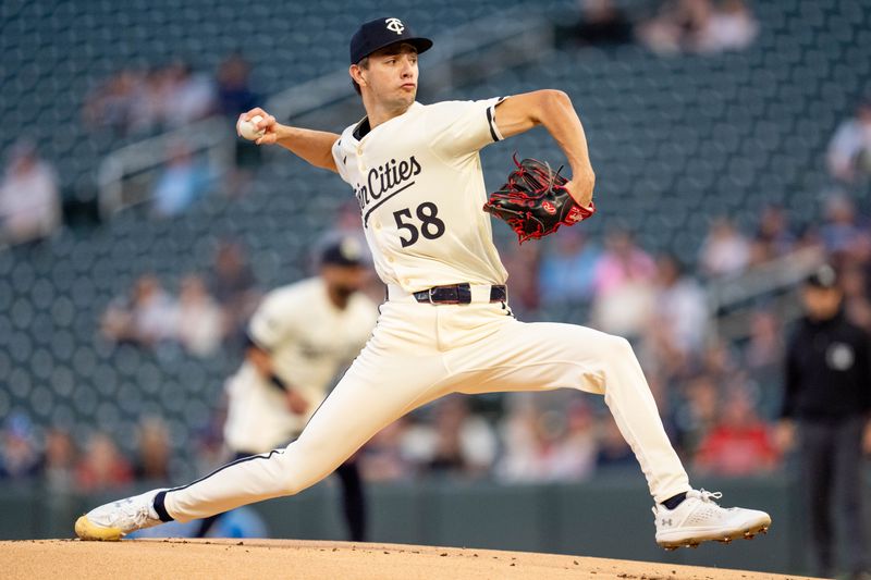 Sep 26, 2024; Minneapolis, Minnesota, USA; Minnesota Twins pitcher David Festa (58) pitches against the Miami Marlins in the first inning at Target Field. Mandatory Credit: Matt Blewett-Imagn Images