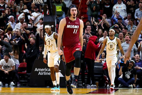 MIAMI, FLORIDA - NOVEMBER 30: Jaime Jaquez Jr. #11 of the Miami Heat reacts during the fourth quarter of the game against the Indiana Pacers at Kaseya Center on November 30, 2023 in Miami, Florida. NOTE TO USER: User expressly acknowledges and agrees that, by downloading and or using this photograph, User is consenting to the terms and conditions of the Getty Images License Agreement. (Photo by Megan Briggs/Getty Images)