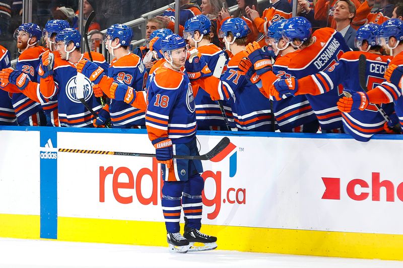 Jan 2, 2024; Edmonton, Alberta, CAN; The Edmonton Oilers celebrate a goal scored by forward Zach Hyman (18) during the second period against the Philadelphia Flyers at Rogers Place. Mandatory Credit: Perry Nelson-USA TODAY Sports