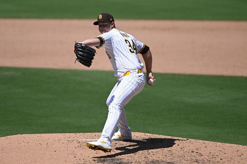Apr 30, 2025; San Diego, California, USA; San Diego Padres starting pitcher Michael King (34) delivers during the sixth inning against the San Francisco Giants at Petco Park. Mandatory Credit: Denis Poroy-Imagn Images