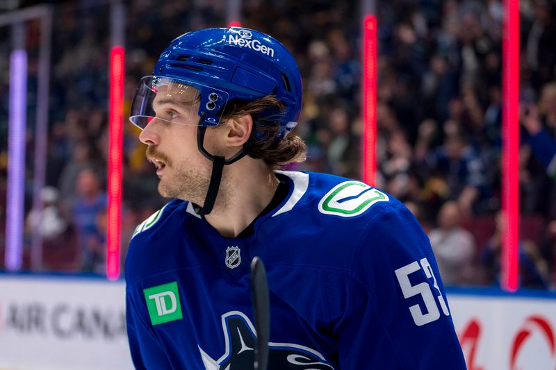 Nov 16, 2024; Vancouver, British Columbia, CAN; Vancouver Canucks forward Teddy Blueger (53) celebrates his goal against the Chicago Blackhawks during the third period at Rogers Arena. Mandatory Credit: Bob Frid-Imagn Images