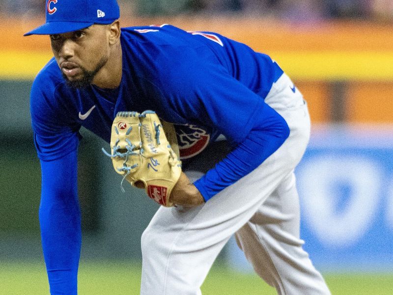 Aug 22, 2023; Detroit, Michigan, USA; Chicago Cubs relief pitcher Jose Cuas (74) looks in for the signal in the eighth inning against the Detroit Tigers at Comerica Park. Mandatory Credit: David Reginek-USA TODAY Sports