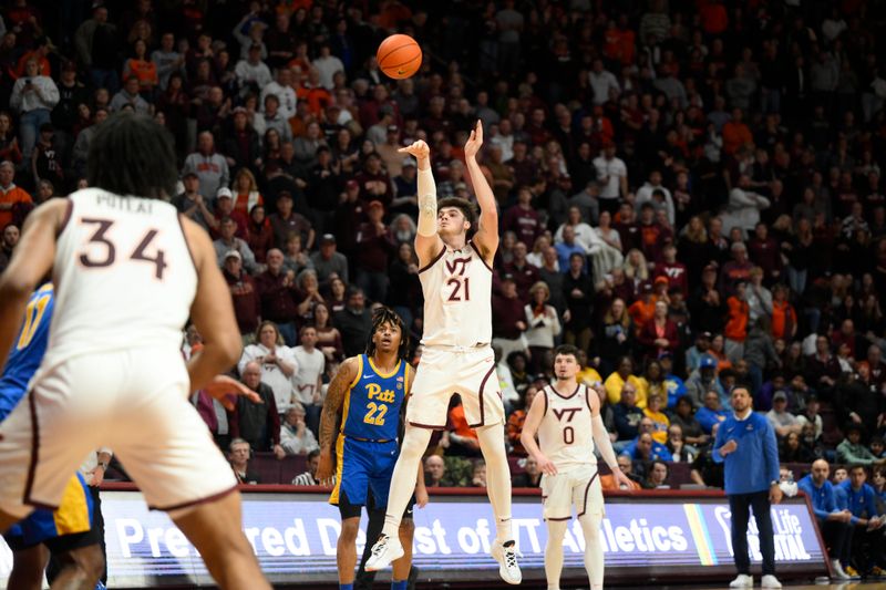 Feb 18, 2023; Blacksburg, Virginia, USA; Virginia Tech Hokies forward Grant Basile (21) shoots the ball against the Pittsburgh Panthers in the second half at Cassell Coliseum. Mandatory Credit: Lee Luther Jr.-USA TODAY Sports