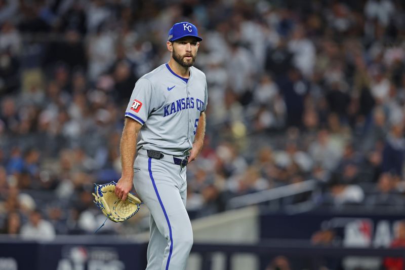 Oct 5, 2024; Bronx, New York, USA; Kansas City Royals pitcher Michael Wacha (52) reacts after being taken out of the game during the fifth inning against the New York Yankees during game one of the ALDS for the 2024 MLB Playoffs at Yankee Stadium. Mandatory Credit: Brad Penner-Imagn Images